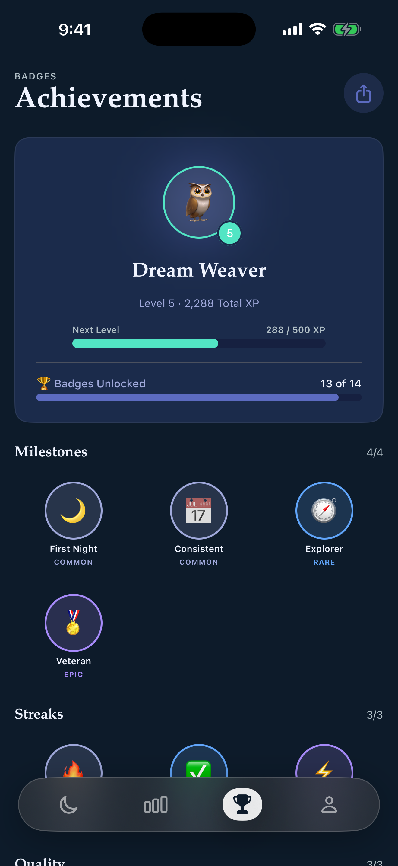 SoundSleep achievements screen with levels, XP, and badges