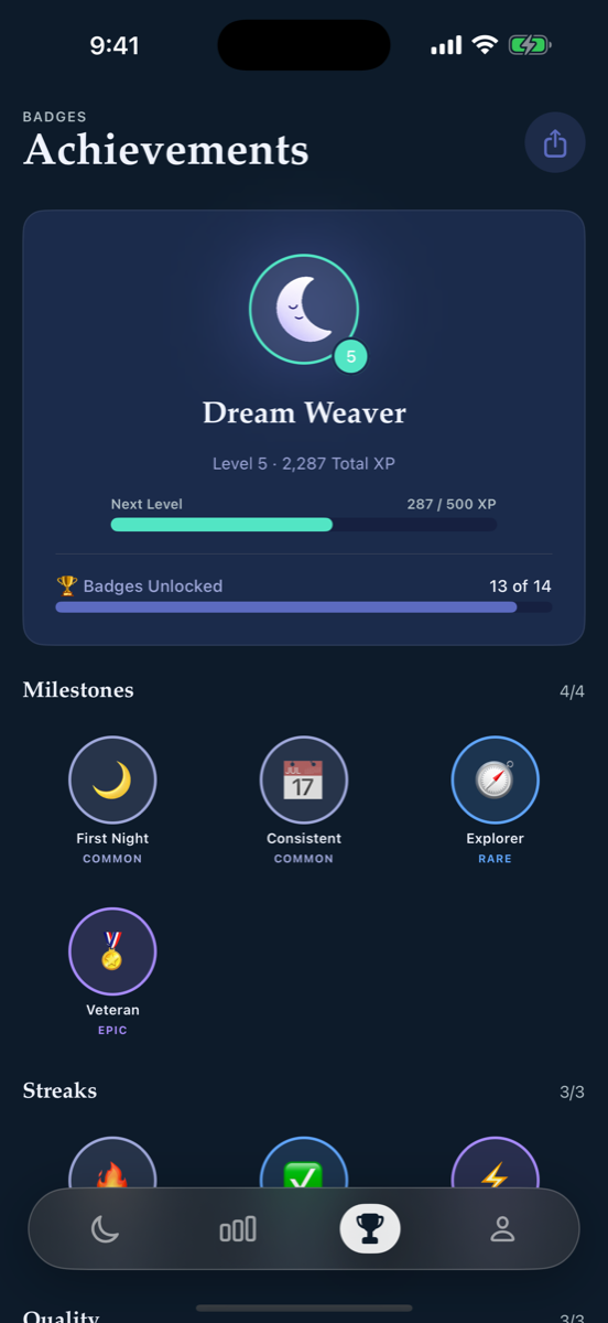 SoundSleep achievements screen with levels, XP, and badges