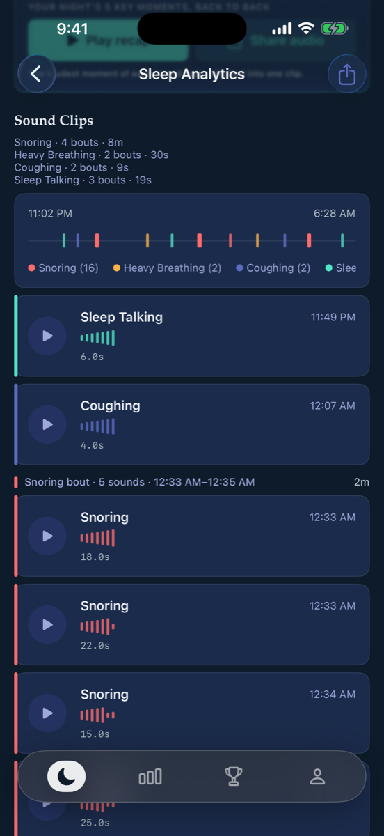 SoundSleep sound clips list with sleep talking, coughing, and a snoring bout, each playable