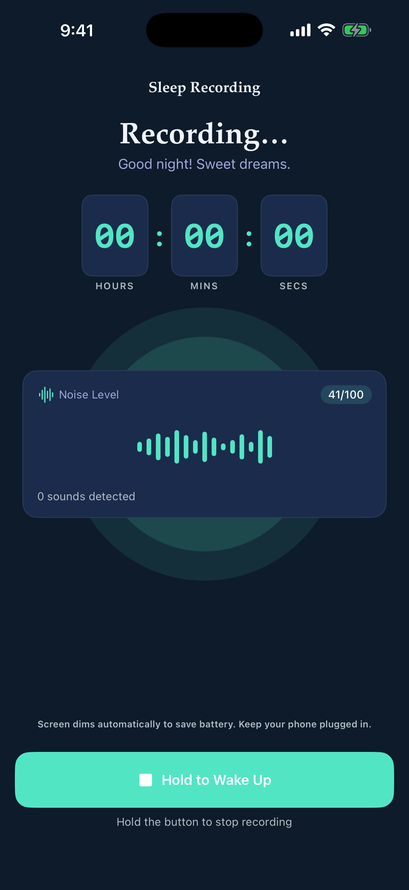 SoundSleep recording screen with live waveform and noise level