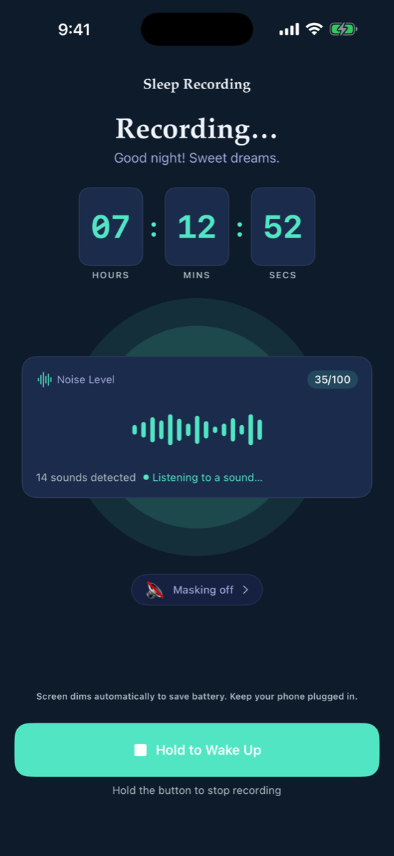 SoundSleep recording screen with elapsed time, live waveform, sound count, and the masking control