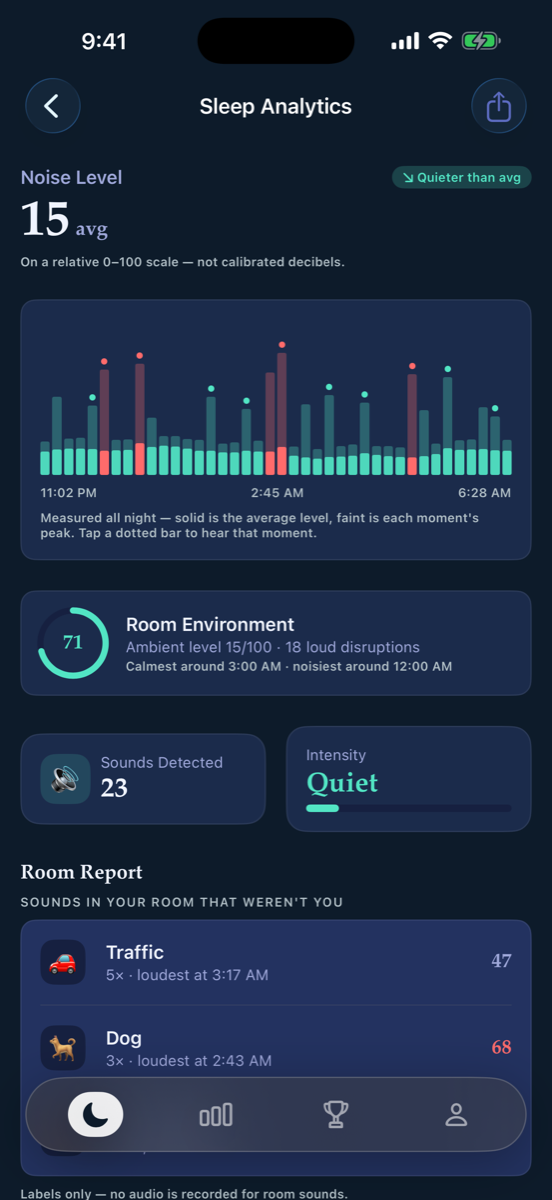 SoundSleep night analytics with the full-night noise timeline, Room Environment score, and Room Report